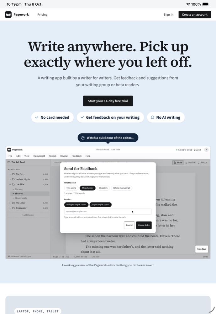 Pagework open as an app on iPad
